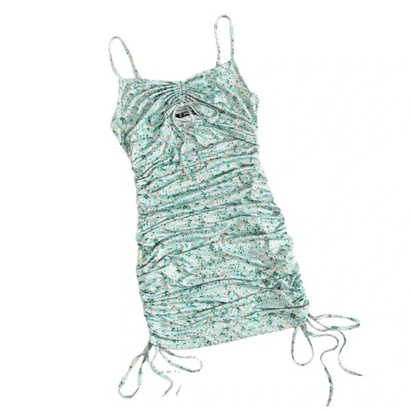 SHEIN Ditsy Floral Ruched Dress Light Teal Cutout Drawstrings Tied Spaghetti S - Picture 2 of 15